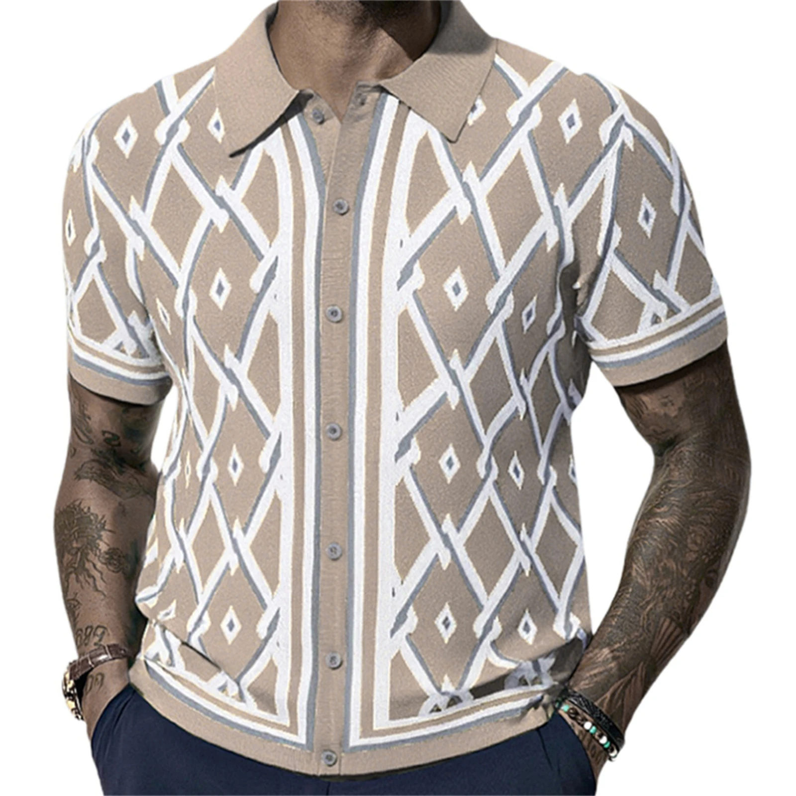 

Мужская трикотажная рубашка с геометрическим жаккардом и коротким рукавом с отложным воротником на пуговицах, облегающие топы на лето