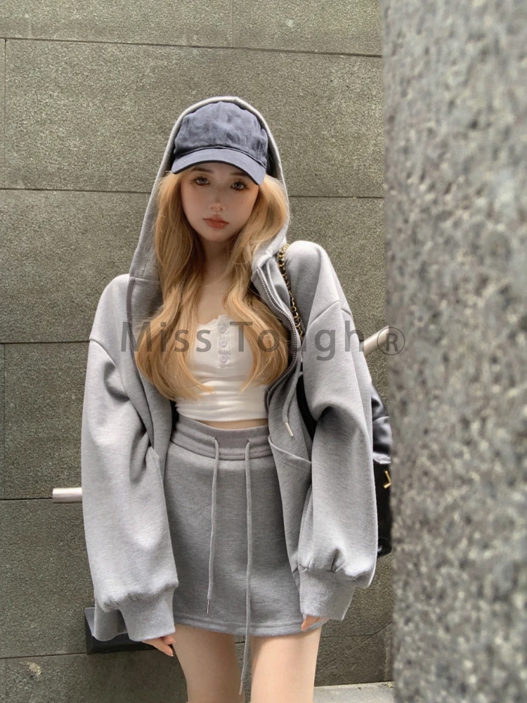 Autumn Korean Fashion Y2k Two Piece Set Women Sportwear Elegant Tracksuist Female Hooded Sweatshirt＋Sweet Skirt Set 2023 New