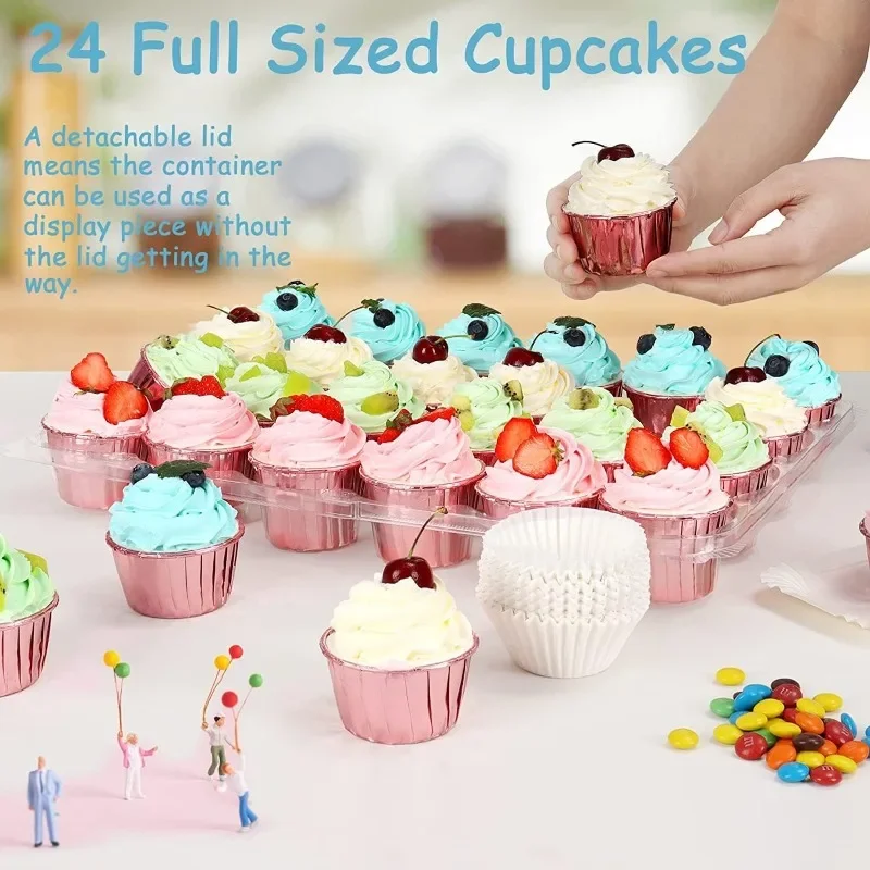 (24 Pack x 7 Sets) Stackable Cupcake Carrier Holders with 168 Pack Cupcake Liners, Plastic Boxes for 24 Cupcakes