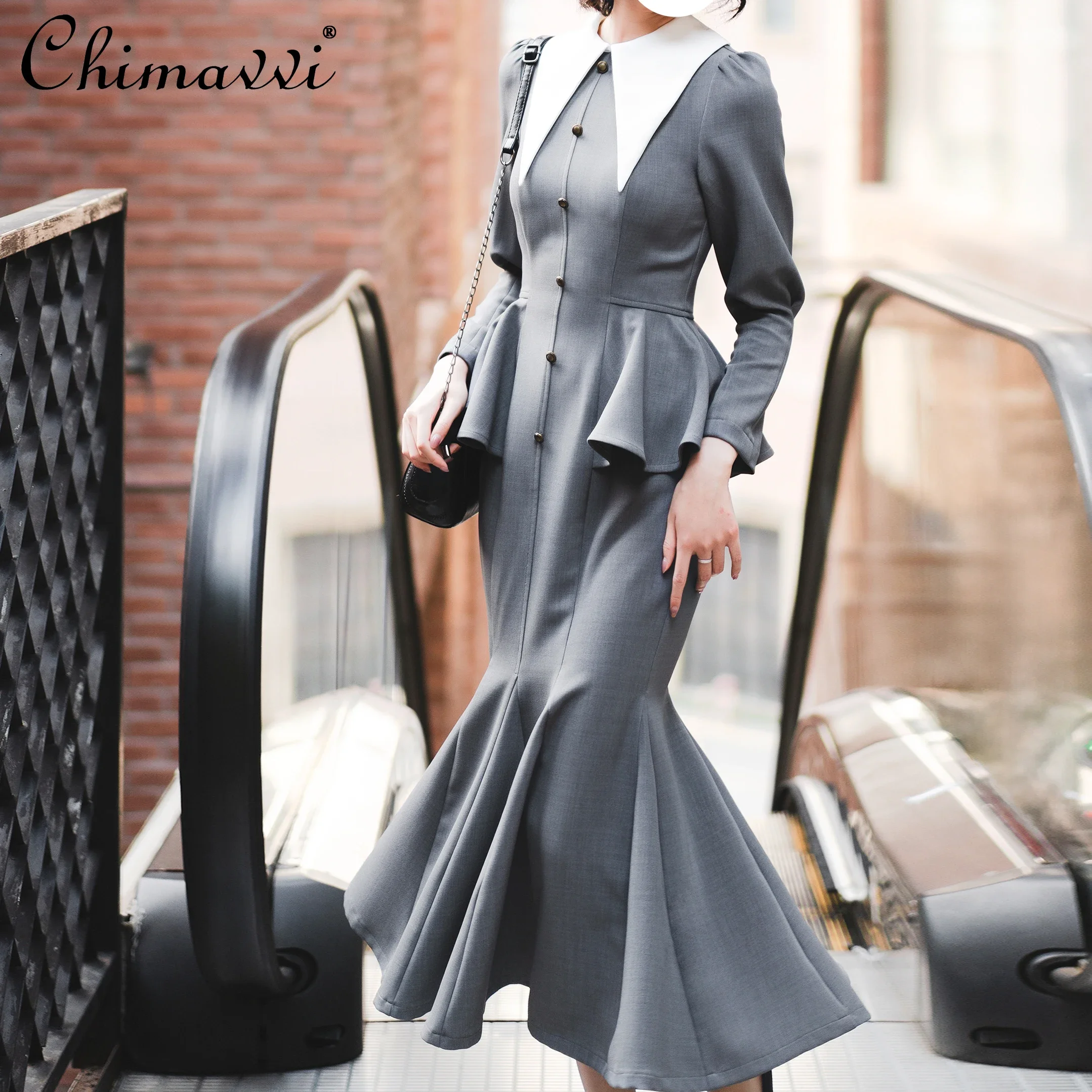 

Original Spring and Autumn Classical Retro Dress Fishtail Dress Fashion Contrast Color Long Sleeve Slim Elegant Mid-length Dress