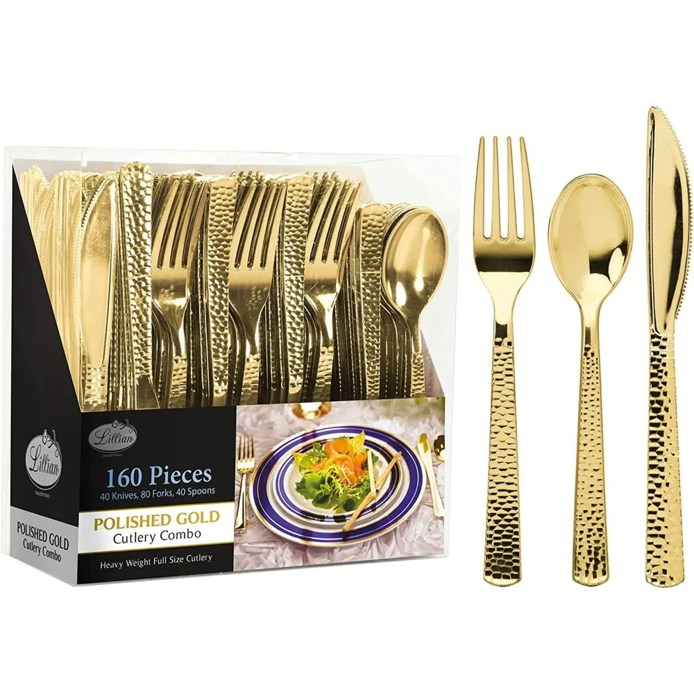 

Disposable Tableware, Heavyweight Gold Includes 80 Forks, 40 Spoons & 40 Knives, Disposable Party Tableware, 6 Packs