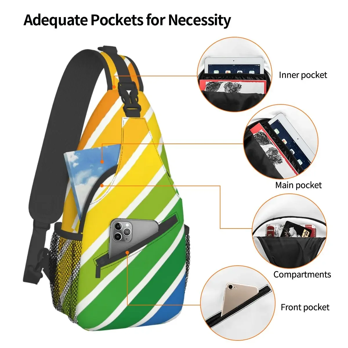 Diagonal Stripes Small Sling Bag Chest Crossbody Shoulder Sling Backpack Outdoor Sports Daypacks Colorful Rainbow Fashion Bag