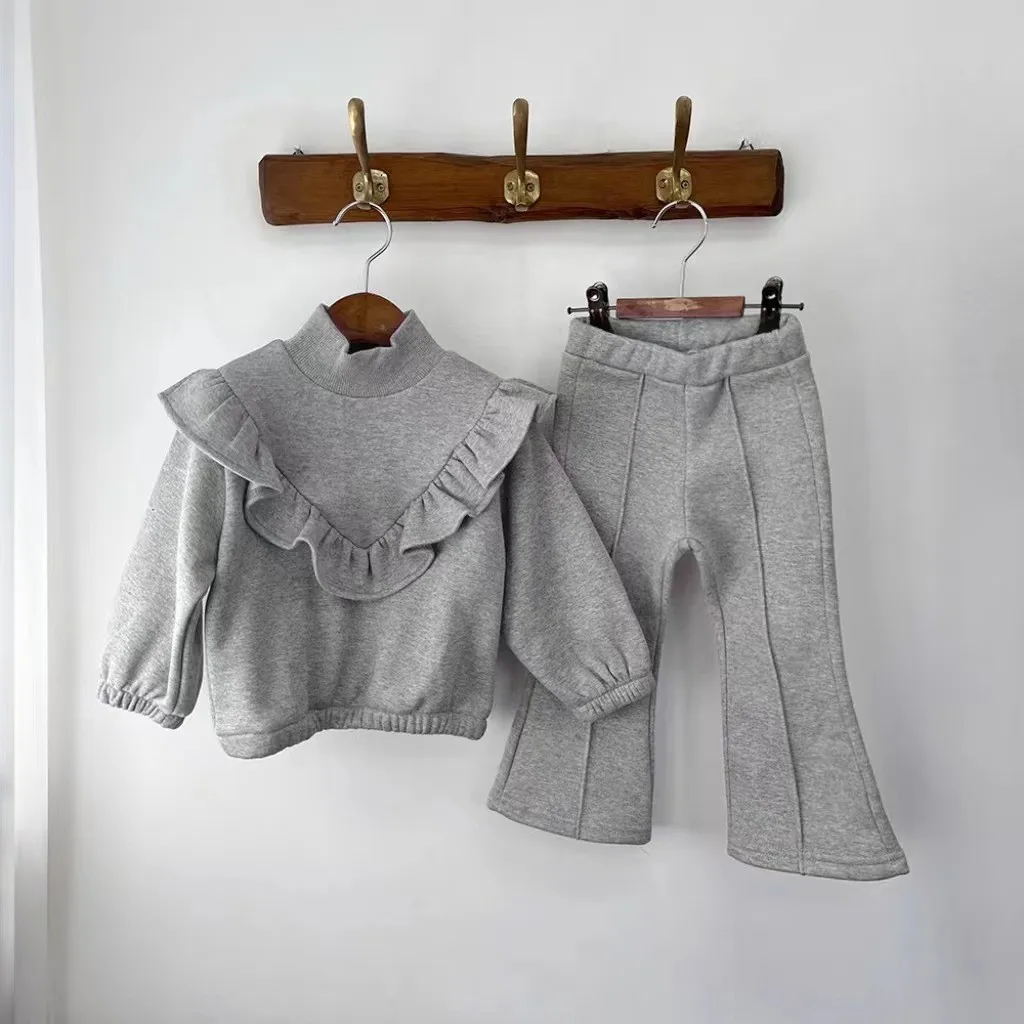 TZ230190 Korean Style Autumn Collection Girls Baby Soft Lace Trim Round Neck Top Micro Flared Sweatpants Set