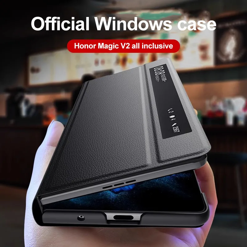 Leather Flip Cover For Honor Magic V2 Original Mirror Smart Touch View Wake Sleep Up Protection Stand Case For MagicV2