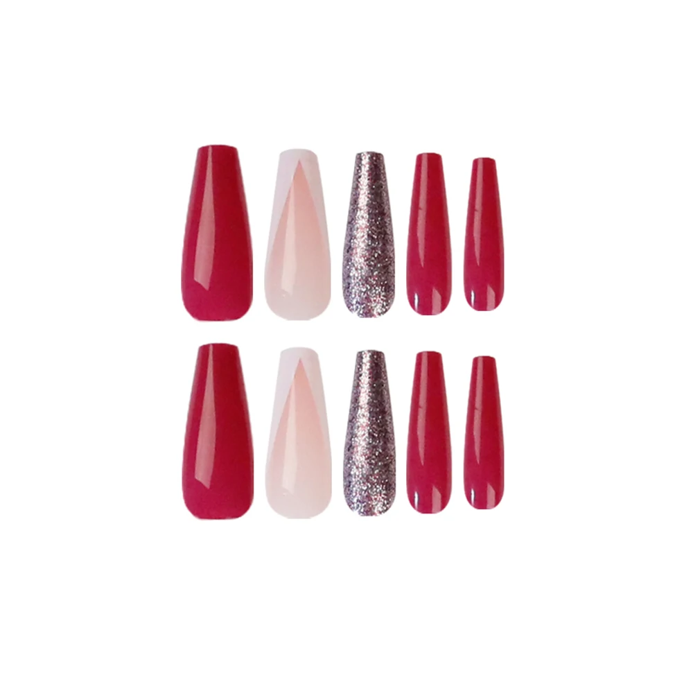 

JP1454 QTCJ 24Pcs Plum colored glitter Wearable Nail Art Nail With Glue Patch Waterproof And Removable