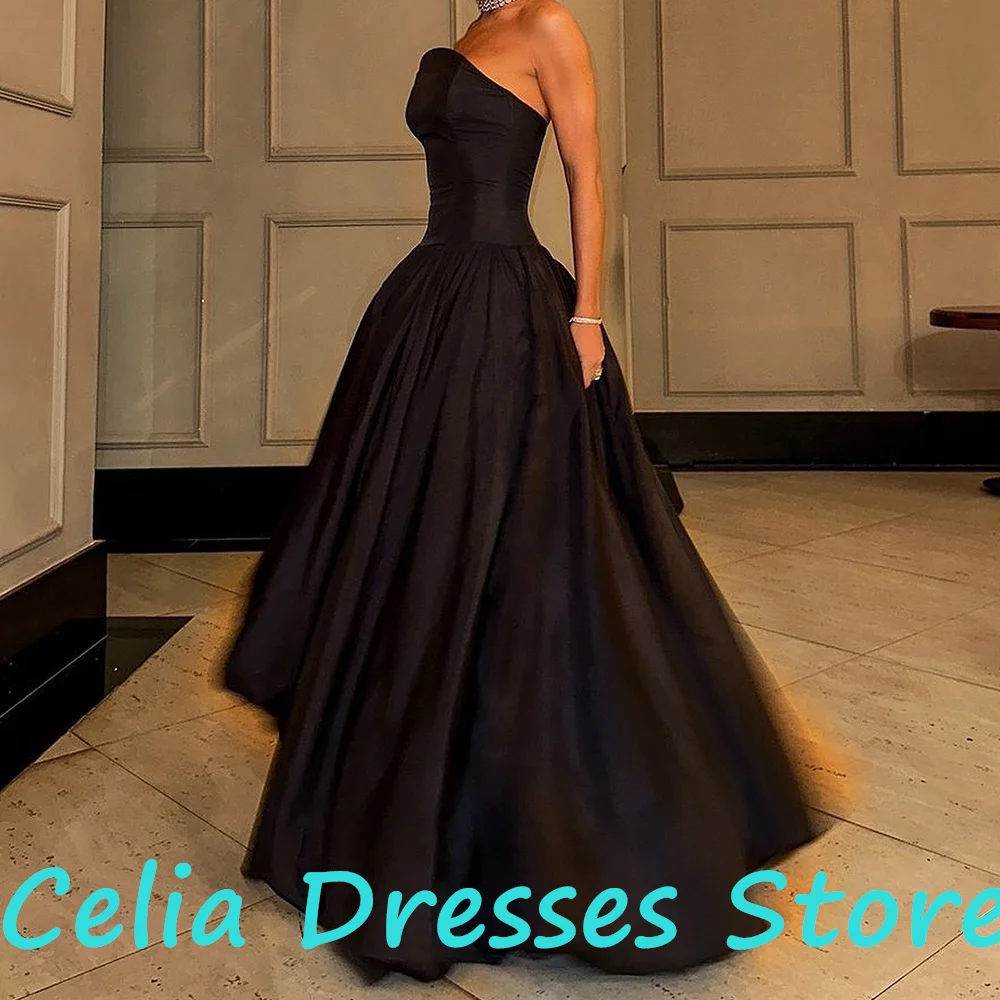 Strapless Straight Satin Sleeveless Saudi Arabia Evening Gowns Floor Length Pleats Sweep Train Solid Color Quinceanera Gowns