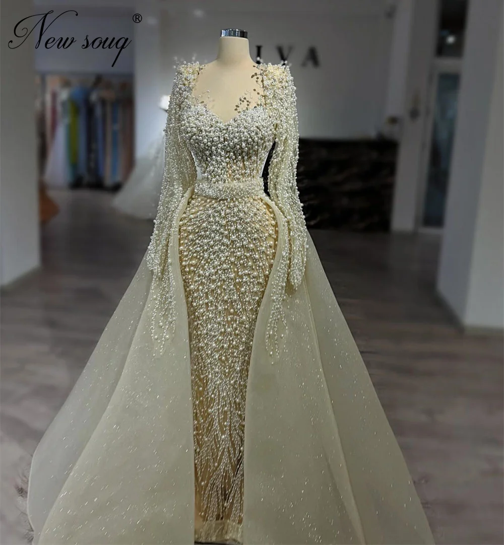 

Dubai Ice Cream Pearls Evening Dresses With Detachable Skirt Customized Long Sleeves Wedding Party Gowns Beaded Engagement Dress