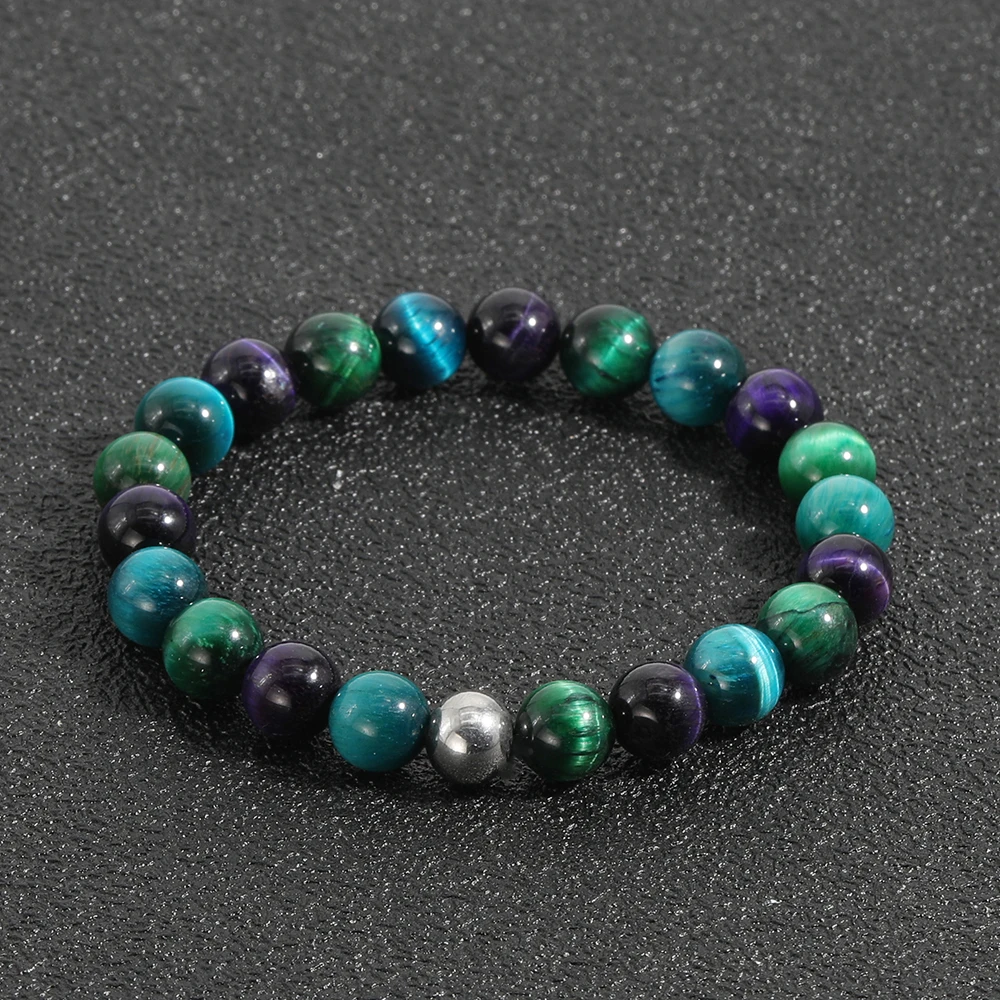 OAIITE 8mm Natural Blue Green Purple Three Colors Tiger Eye Chakra Bracelet Men and Women Healing Wealth Bead Bracelet