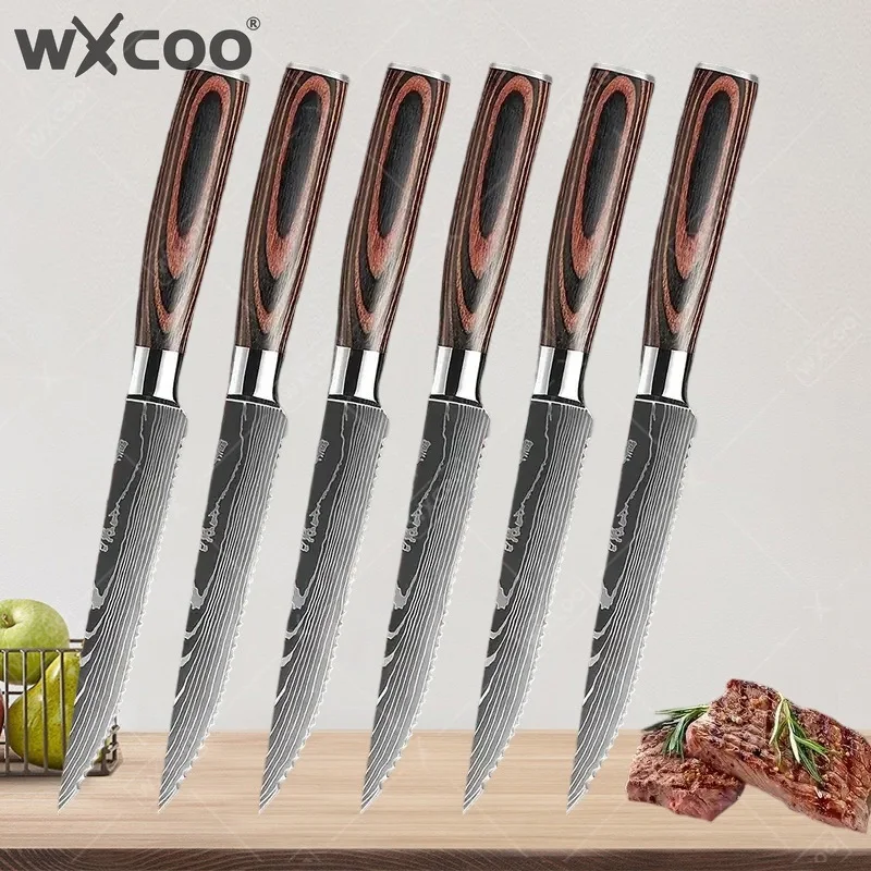WXCOO Damaszener Steakmesser-Set, perfekt für westliche Restaurants, Fleischmesser, Tranchiermesser, Edelstahl-Steakmesser
