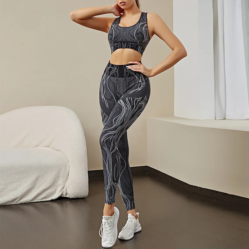 Seamless Printed Yoga Sets Sports Fitness High Waist Hip-Lifting Pants Beauty Back Vest Suits Workout Gym Leggings Set for Women