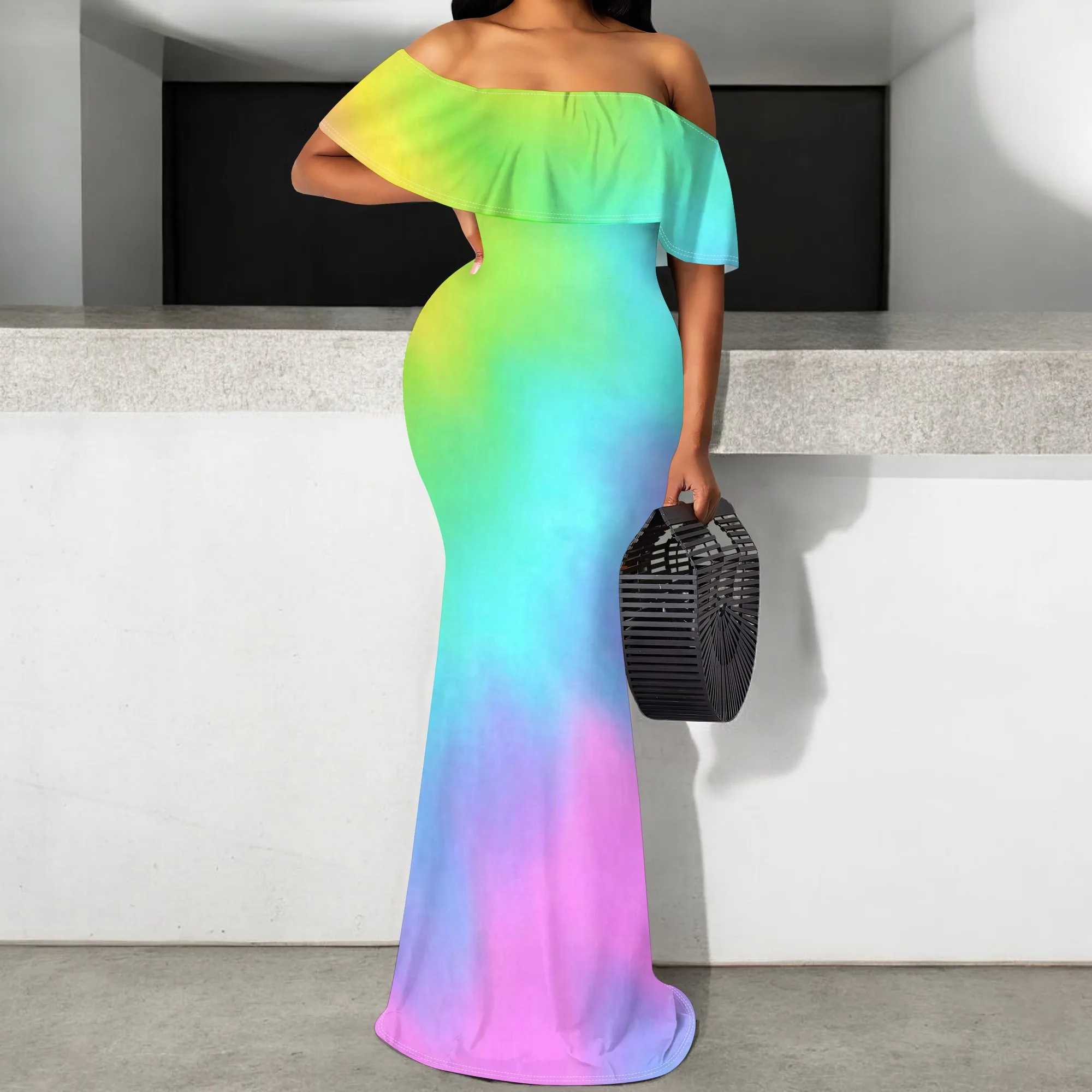 

S-3XL Rainbow Gradient Off Shoulder Maxi Dress Women’s Summer Bodycon Beach Dress