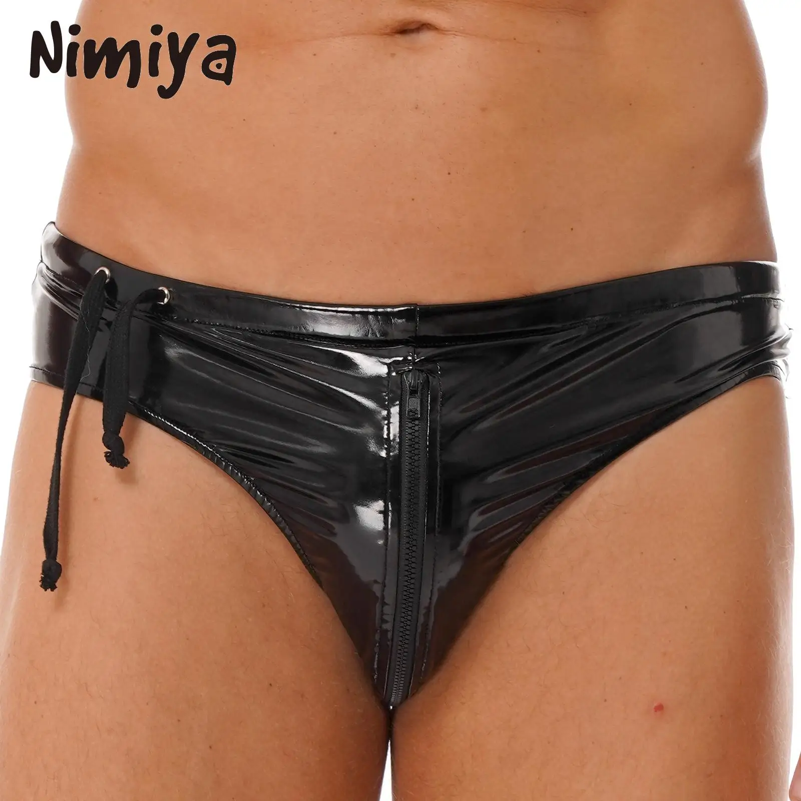 

Nimiya Mens Pure Low Waist with Front Zipper Briefs Wet Look Patent Leather Drawstring Style Underwears Club Stage Show Costumes