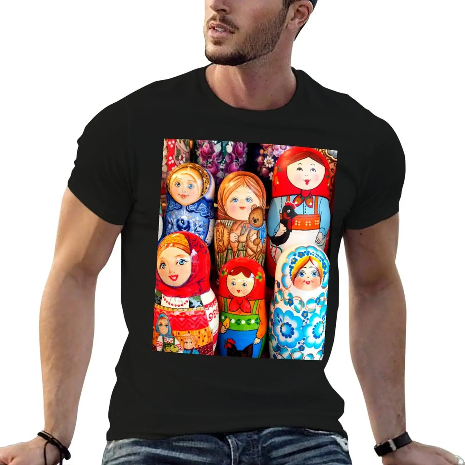Camiseta Matrioska para homem, camisetas slim fit de algodão, camisetas 100% para homem, camisetas gráficas