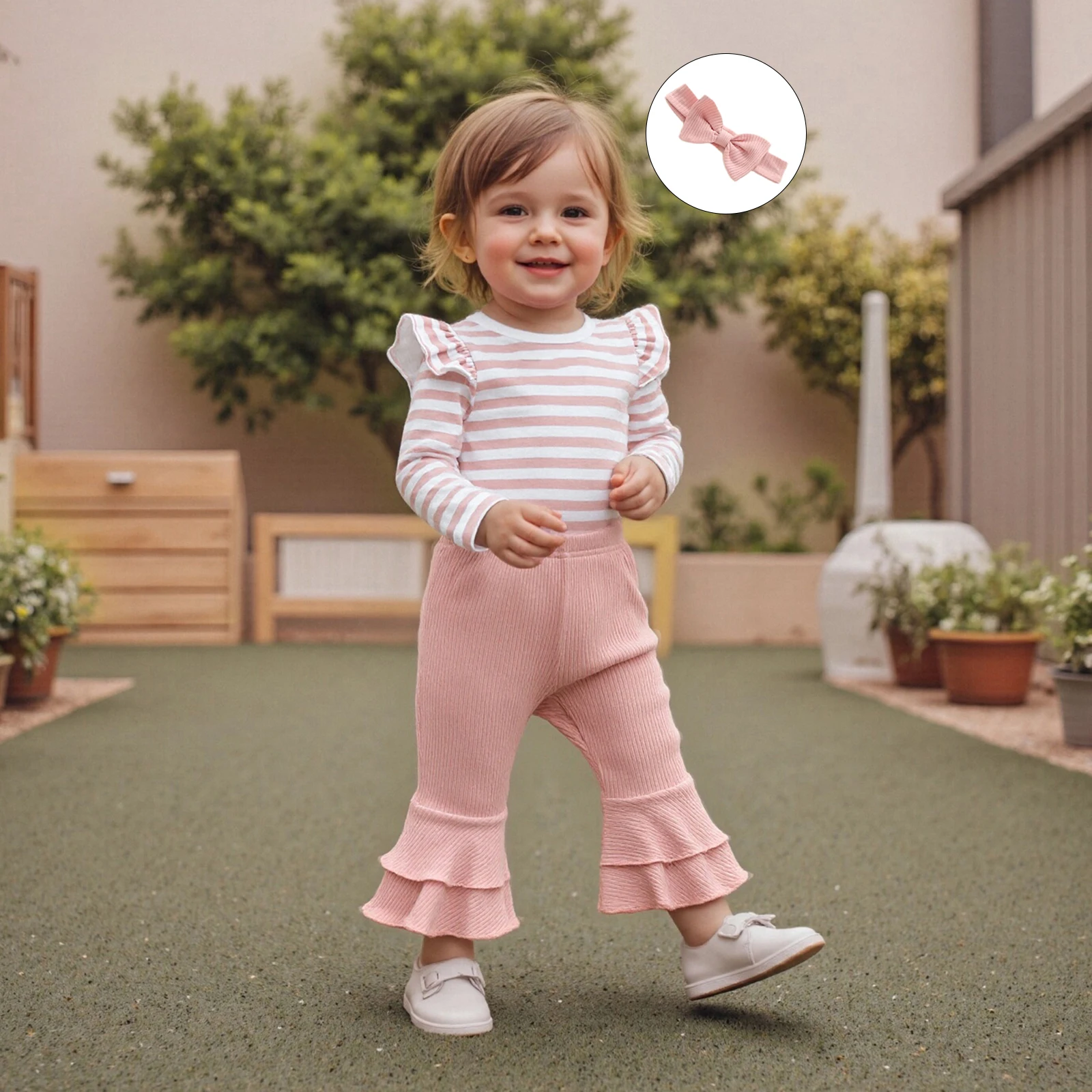 ملابس خريفية للفتيات الصغيرات، رومبير مخطط بأكمام طويلة مع بنطال واسع ومجموعة ملابس عصابة رأس