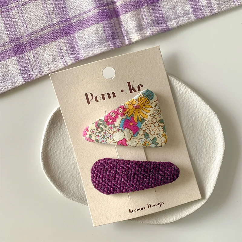 2pcs/lot Korean Girls Handmade Purple Weave Fabric Hair Clip for Cute School Girl Floral Hairpin with Checkered Bow Headband