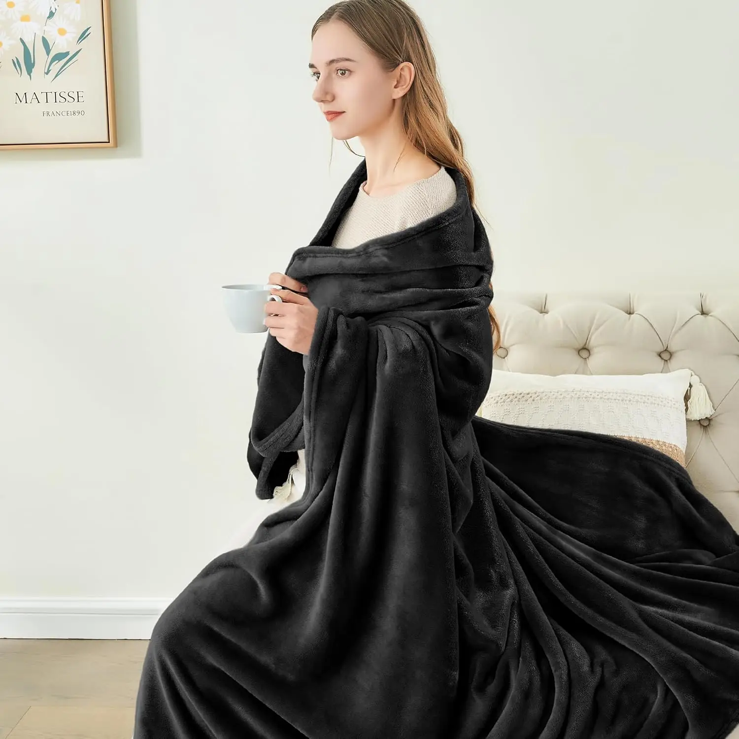 Luxury Plush Fleece Blanket King Size Soft Warm Black Cozy Fuzzy Throw for Couch Bed