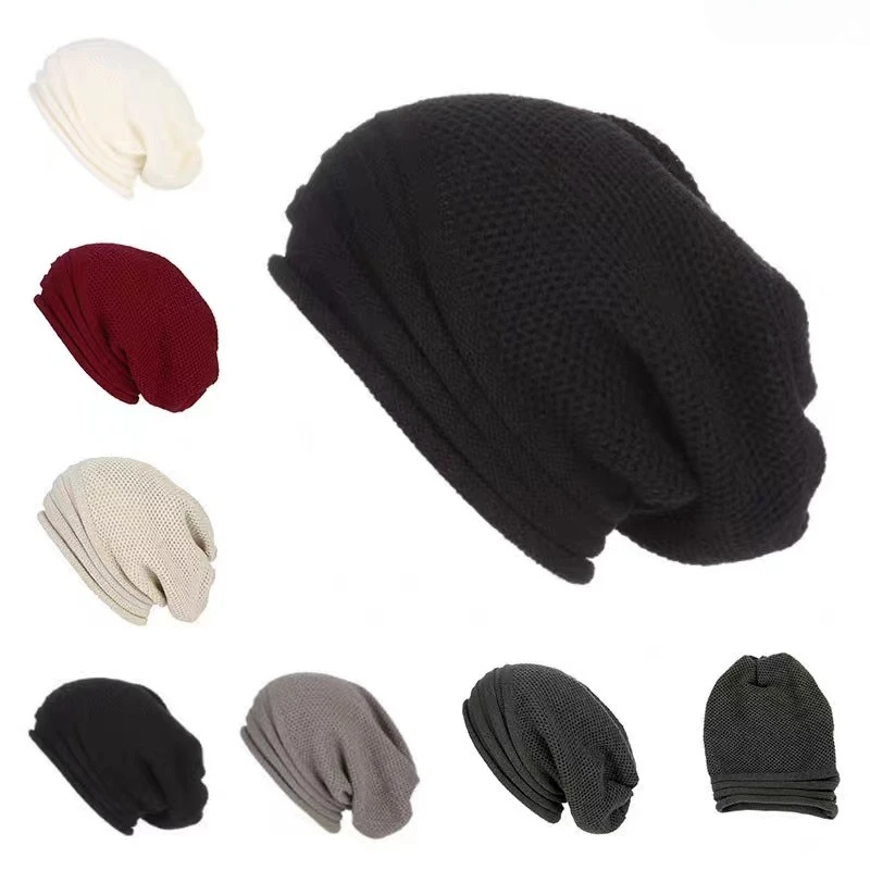 Hollow Mesh Knit Beanie Slouchy Skull Cap Solid Color Roll‑Up Cuff Soft Stretchy Casual Knitted Hat for Autumn Winter Daily Wear
