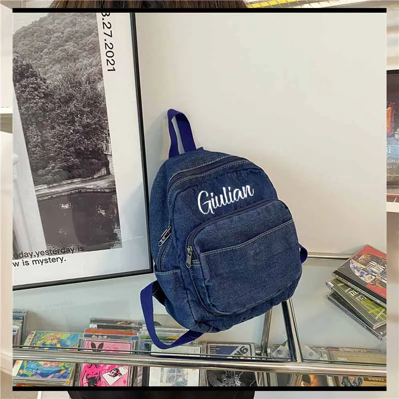 

Denim Backpack Girls' New Student Schoolbag Outdoor Travel Backpack Personalized Name Simple Denim Small Bag Embroidered Gifts