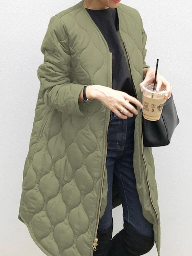 Women\'s Winter Jacket 2024 Zipper Green Loose Warm Plaid Top V-Neck Casual Streetwear Light Long Quilted Coats Female Cardigan