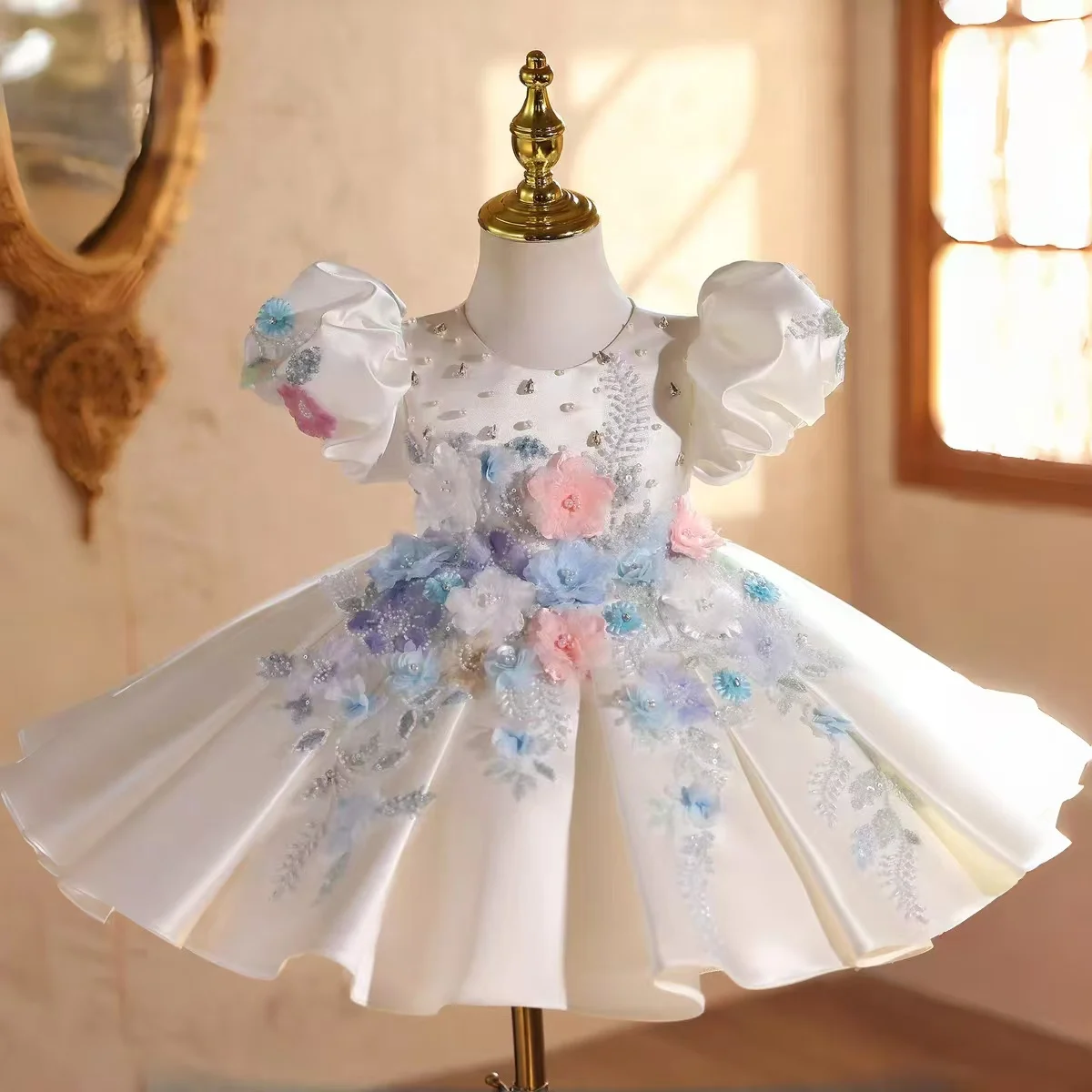 

Jill Wish J841 Luxury White Girl Dress Crystal Flowers Satin Knee Length for Children Wedding Birthday Party Pageant Ball Gown