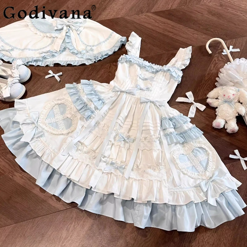 

Сине-белое платье Лолиты в форме сердца, женское милое милое платье JSK в стиле Лолиты на день рождения, женский комплект из накидки и платья принцессы с бантом