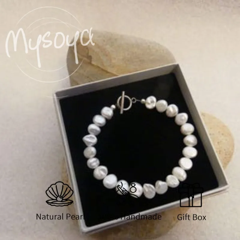 

MYSOYA White Baroque Freshwater Pearl Bracelet 8-9mm With Gift Box For Her/Him Birthday/Wedding/Christmas/New Year Gifts