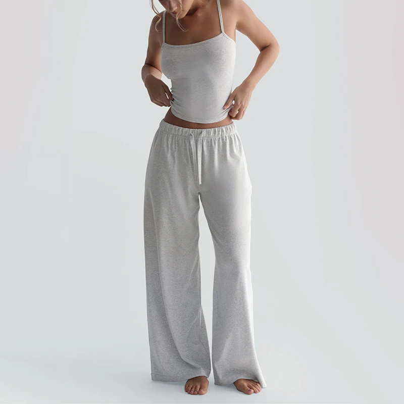 CUTENOVA 2025 Musim Semi Musim Panas Baru Warna Solid Leher Persegi Halter Punggung Terbuka Pinggang Tinggi Tali Serut Elastis Celana Kaki Lebar Set Longgar