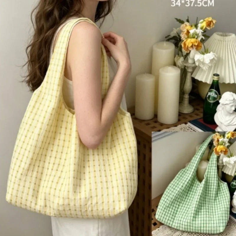 Mint Green Plaid Canvas Shoulder Tote Bag Vibrant Candy Tone Lightweight All-match Summer Outing Refreshing Design