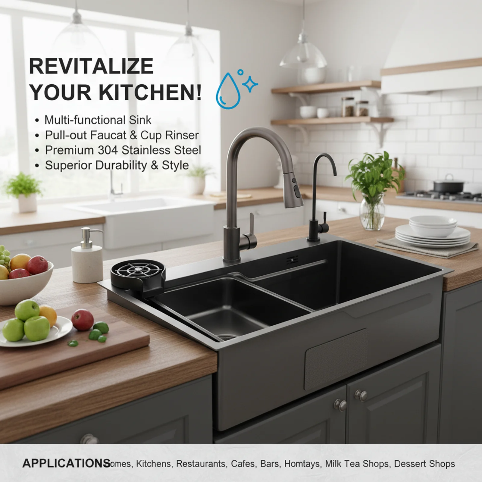 

Кухонный смеситель из нержавеющей стали 304 с выдвижным изливом для двойной мойки, полный комплект, нанопокрытие, керамический картридж, 3 режима