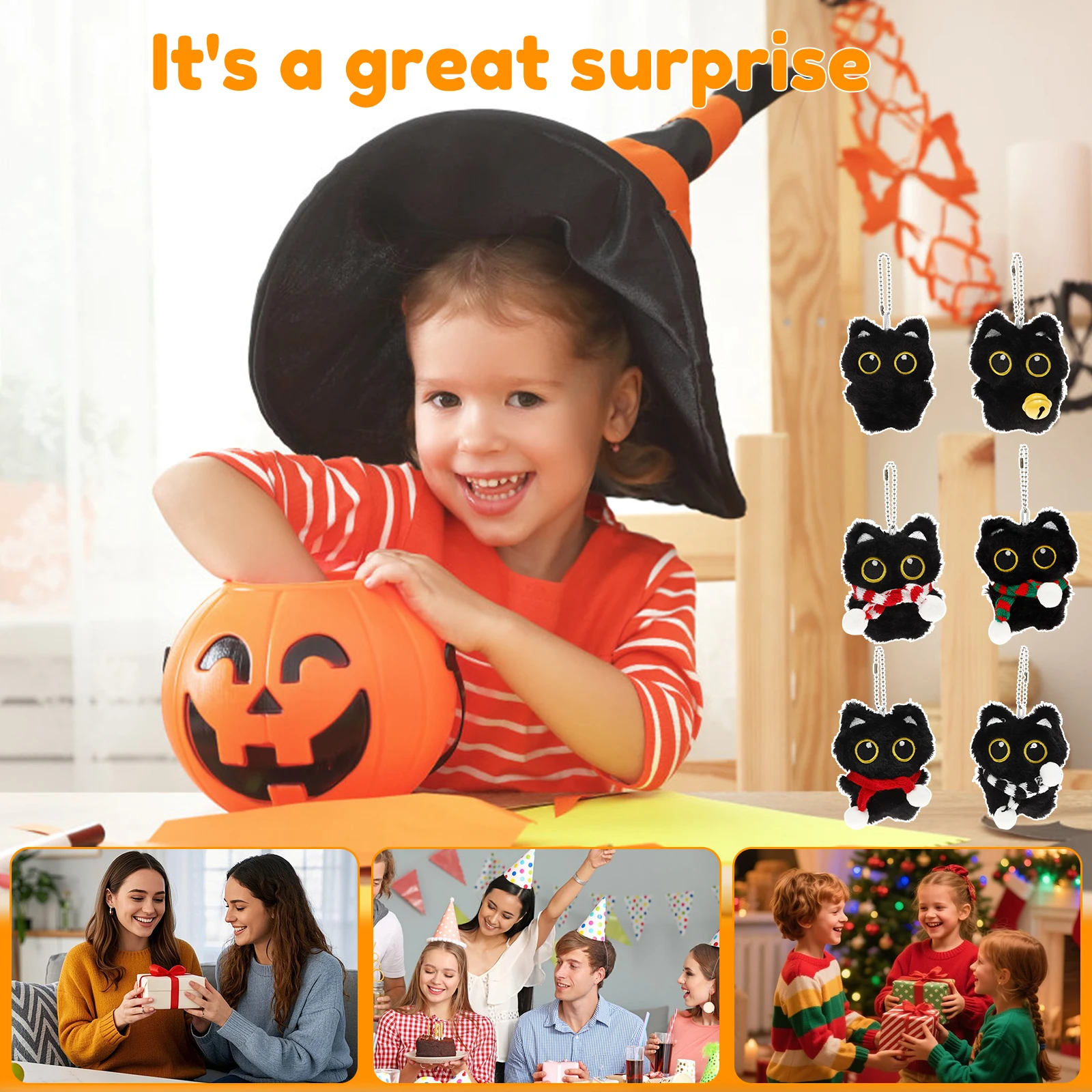 1/6Pcs Plush Black Cat Lightweight Unique Cat Doll Keyring Black Cats Style Keychain Accessories for Handbag Backpack Decor Gift