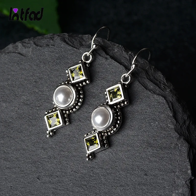 

S925 Silver Vintage Pearl Earrings Creative Women's Square Diamond Peridot Green Long Drop Earrings Fashion Party Jewelry Gifts