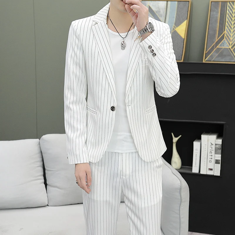 Suit (Blazer+ Pants) Men\'s Fashion Casual Gentleman Work Stripe Trend Outdoor Business Wedding Light Luxury Banquet Suit