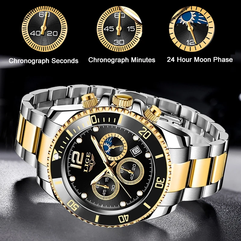 LIGE Wristwatch Men Watch Chronograph 24Hour Moon Phase Waterproof Sport Watches Male Fashion Quartz Watch Stainless Steel Clock