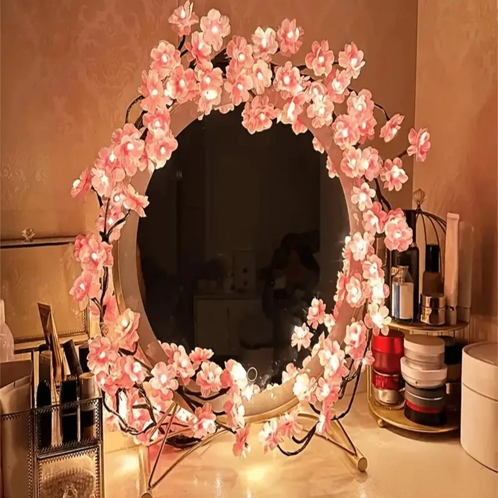 Cherry Blossom Garland LED Lights Artificial Flower Vine Indoor Wall Hanging Bedroom Room Decoration Aesthetic