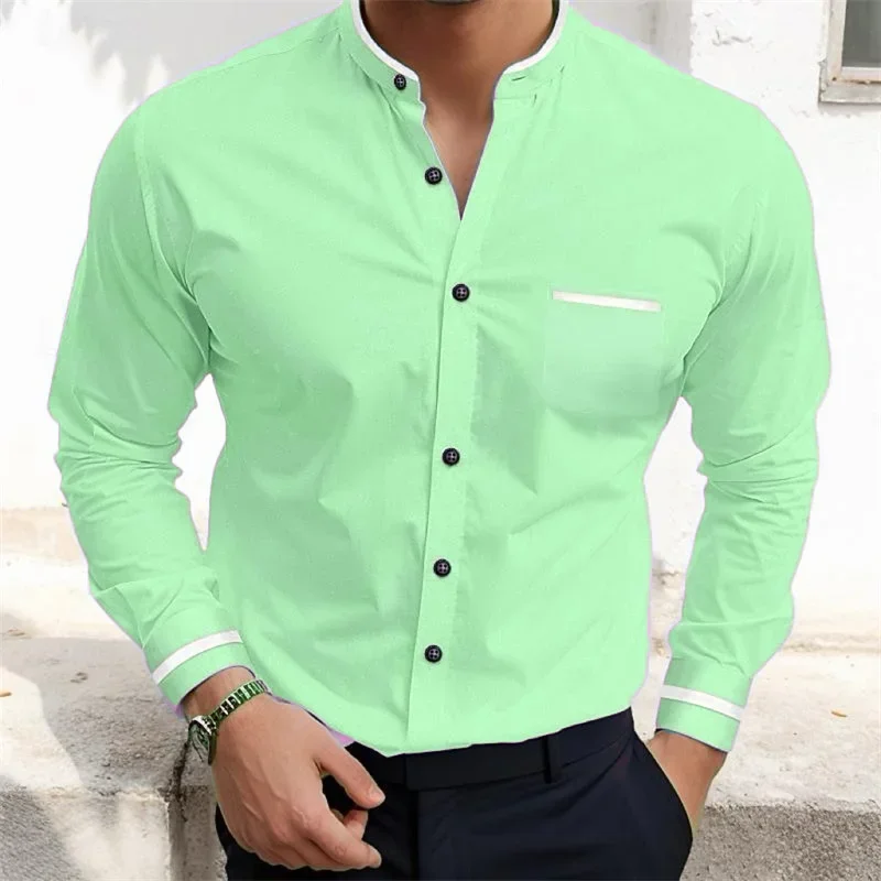 New men\'s standing collar long sleeved shirt with pink, grey, blue solid color pocket shirt, fashionable, comfortable, casual, b