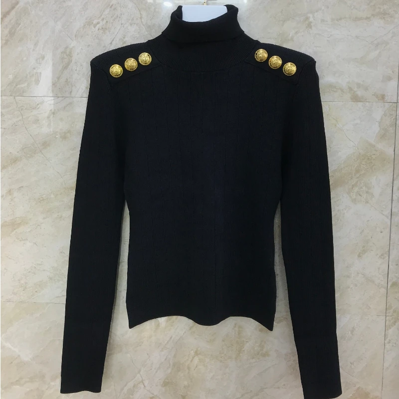 2023 New Autumn Turtleneck Slim Fit Black Blue White Office Lady Golden Button Long Sleeve Sweaters