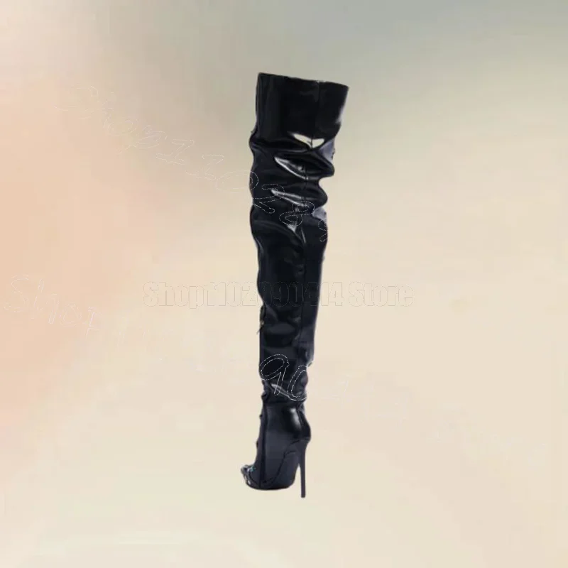 

Metal Crystal Flower Black Pointed Toe Boots Side Zipper Women Shoes Thin High Heels Party Feast Dating 2026 Zapatos Para Mujere