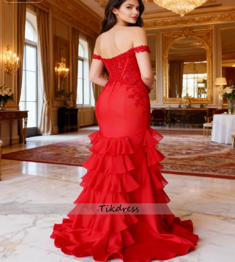 Elegant Red Ruffles Evening Dress Off Shoulders Mermaid Lace Prom Dress 2026 Charming Plus Size Satin Formal Occasion Birthday