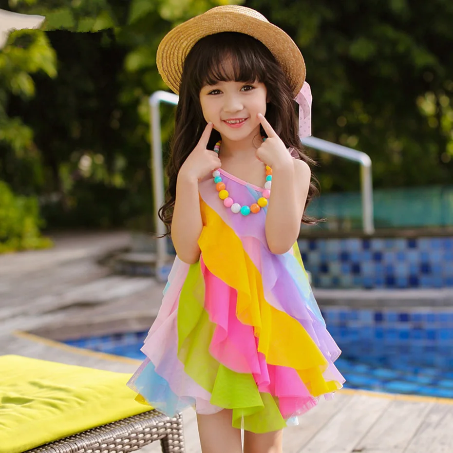 Girls  New Summer Rainbow stripe children dress formal princess vest dress 3-11 years elegance Chiffon prom dresses kids