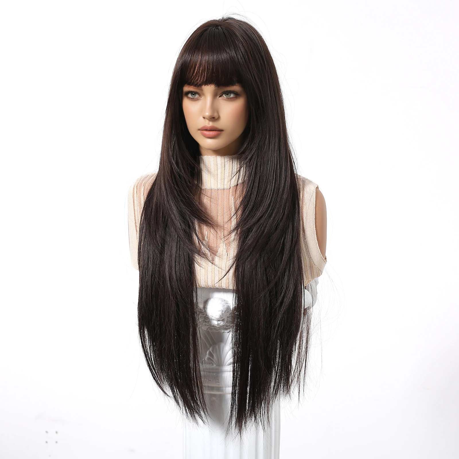 Long Straight Natural Black Synthetic Wigs with Bangs Heat Resistant Daily Lolita Cosplay Soft Black Hair Wig Looking for Women