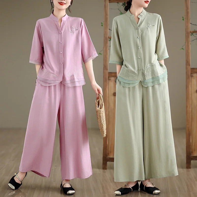 Летний повседневный свободный комплект для мамы, комплект из двух предметов, розовые широкие брюки f Sve, V-Ne, на пуговицах, из смеси хлопка, женские...