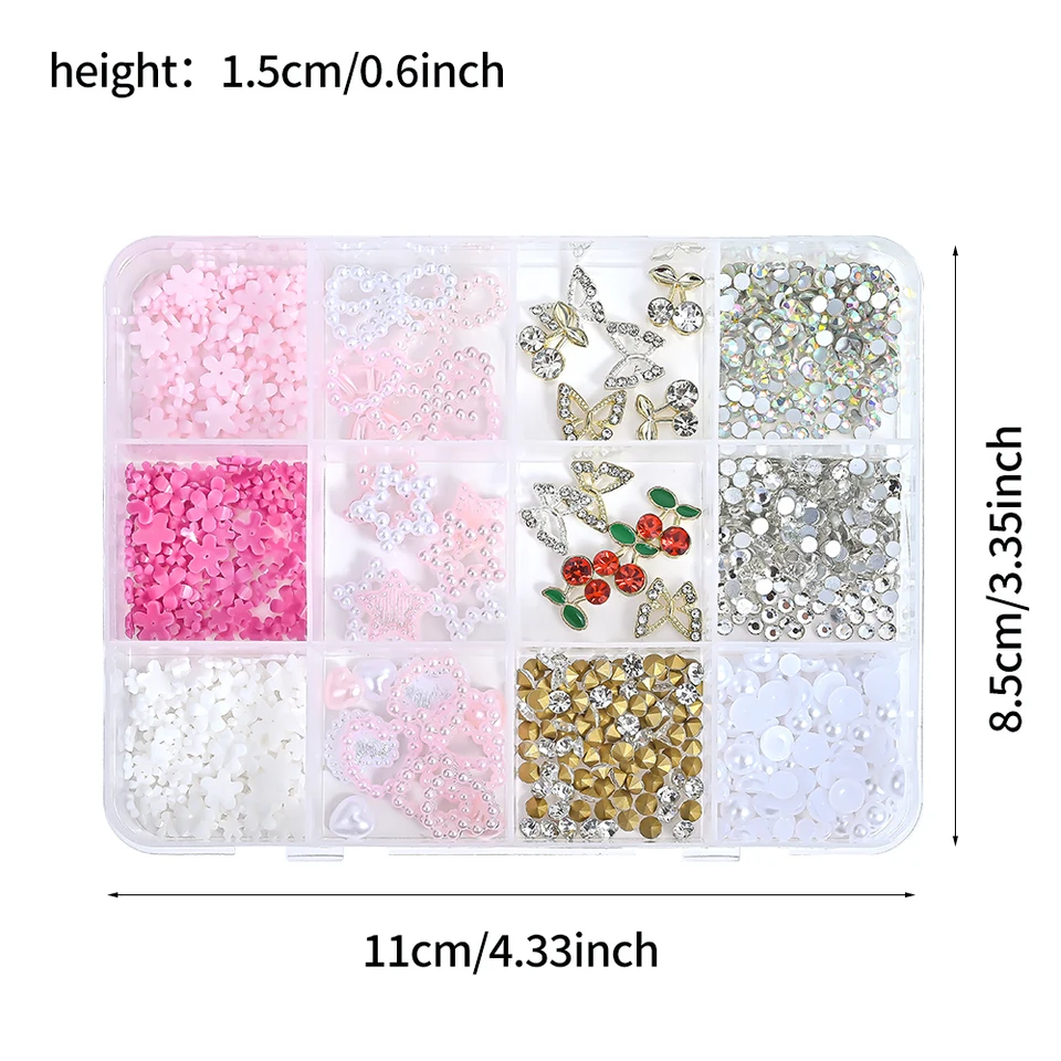 12 compartimentos de adornos 3D mixtos de perlas, estrellas, corazones, lazos, aleación de mariposas, cerezas, decoración de arte de uñas con pedrería, accesorios de manicura Y2K 6