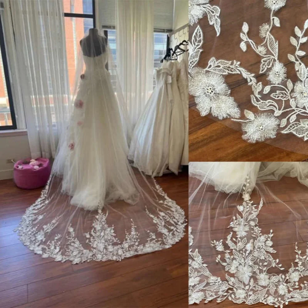 

3M Cathedral Length One Layer Wedding Bridal Veils with Comb White Ivory Appliqued Lace Edge Bridal Accessories Customized