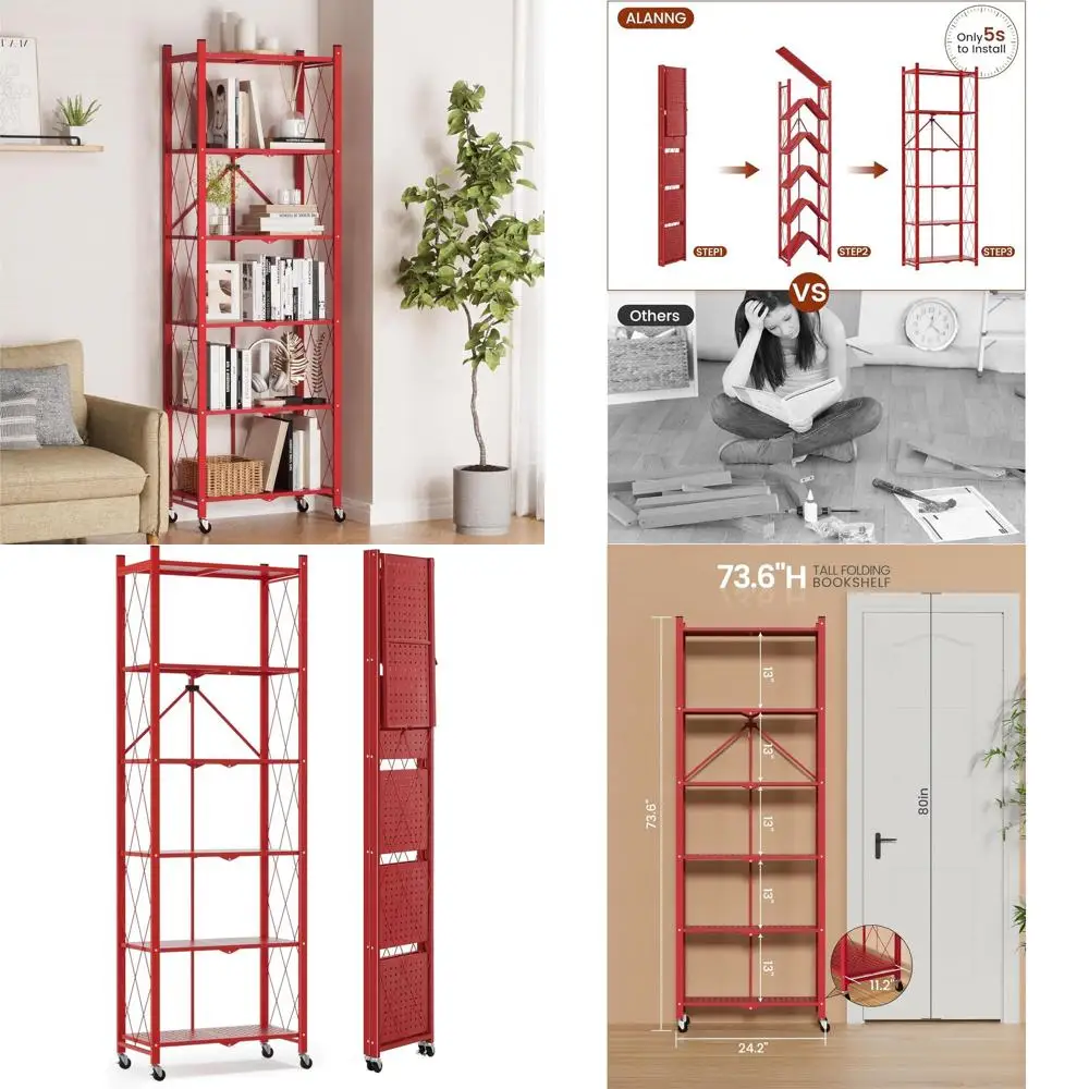 

Металлическая 6-ярусная книжная полка 73.6, высокая, для гостиной, офиса, спальни - прочный красный книжный шкаф