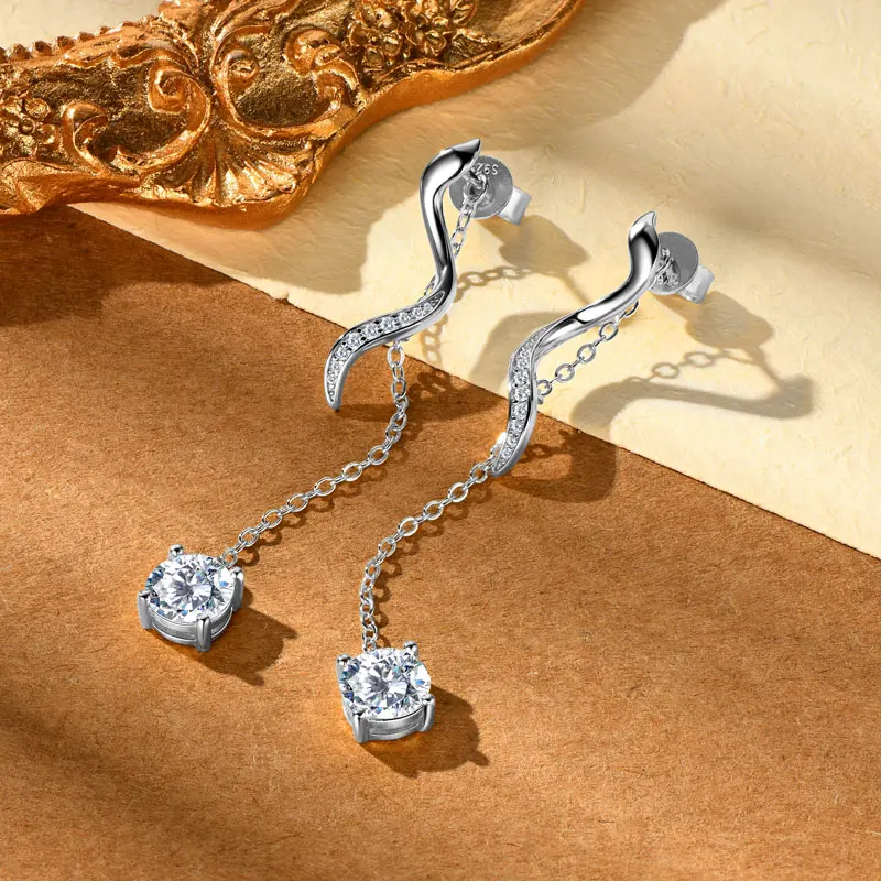 Lnngy 3mm Moissanite Drop Earrings 925 Sterling Silver Tassel Chain Earring For Women Girls Wedding Party Charms Jewelry Gift