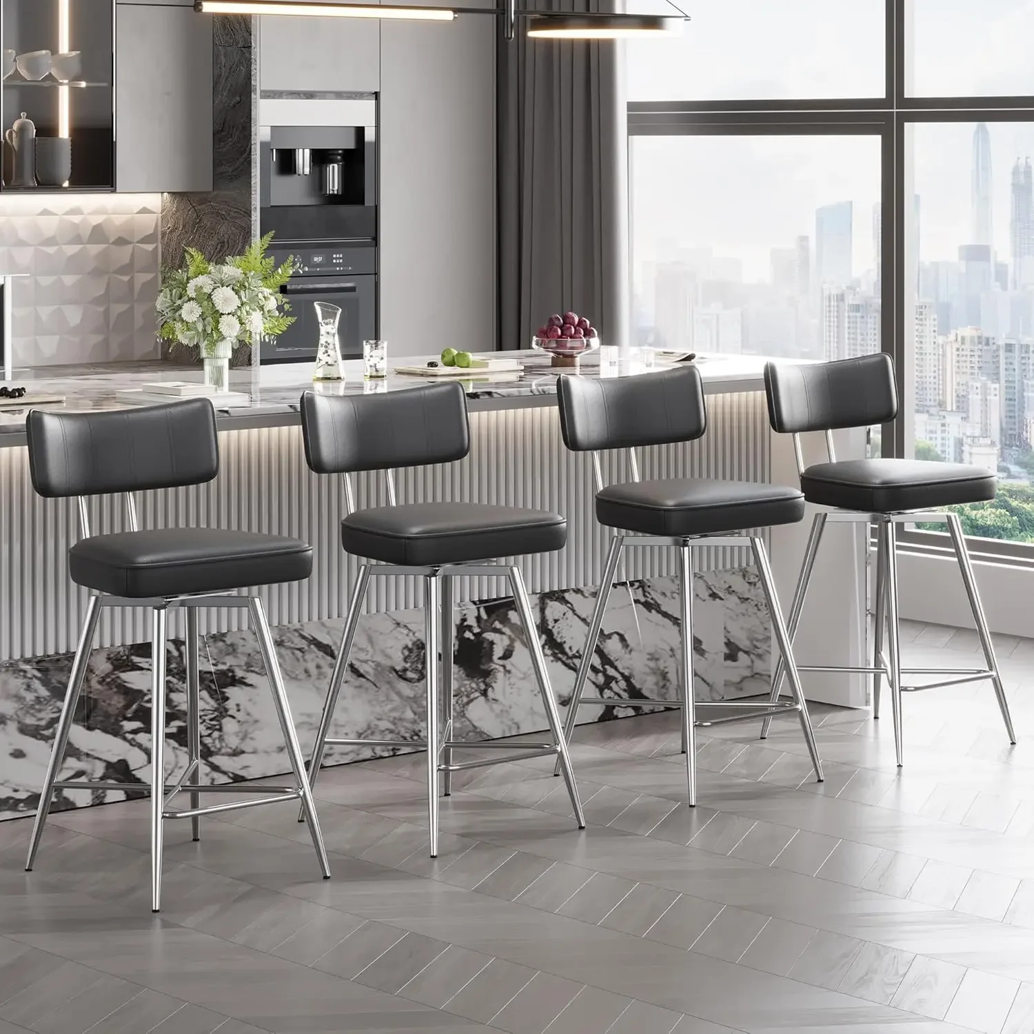 

26 Inch Counter Height Bar Stools Set of 4, Swivel Bar Stools with Backs and Metal Frame, Black Upholstered Faux Leather