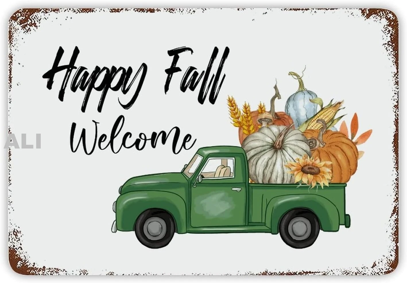 Autumn Harvest Sign Green Farm Truck Tin Sign Pumpkin Sunflower Maple Leaf Metal Sign Happy Fall Metal Plaque Rust Thanksgi sign