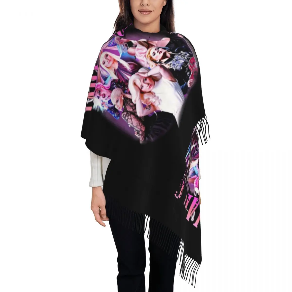 

Customized Ladyed Gaga Merch Music Scarf Wrap for Women Long Winter Warm Tassel Shawl Unisex American Singer Scarves