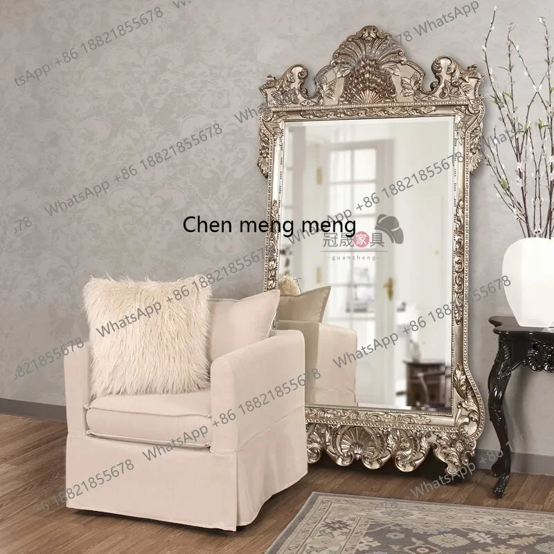 French Retro Floor Mirror for Home Use, Wall-Mounted Carved Full-Length European Classical Dressing Mirror