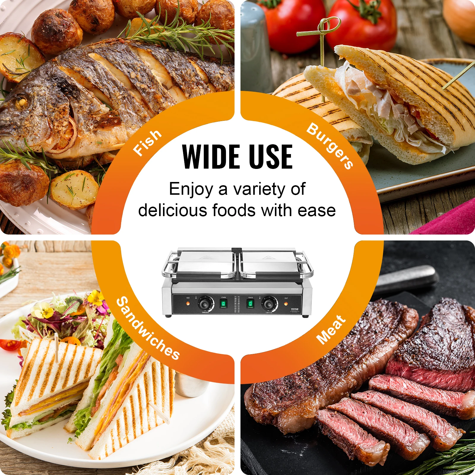 VEVOR Commercial Panini Grill 3600W Electric Sandwich Panini Maker with Temp Control And 19"x9" for Hamburger Steak Bacon 110V